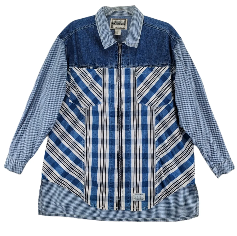 Vtg Levis Shirt Mens M Blue White Plaid Check 3/4 Sleeves Full Zip